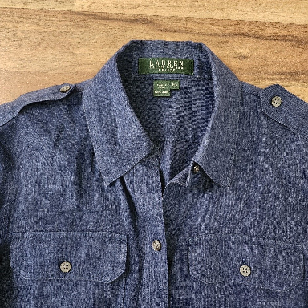 Lauren Ralph Lauren Denim Chambray Shirt Linen Shoulder Epaulets Petite Small - Picture 6 of 9